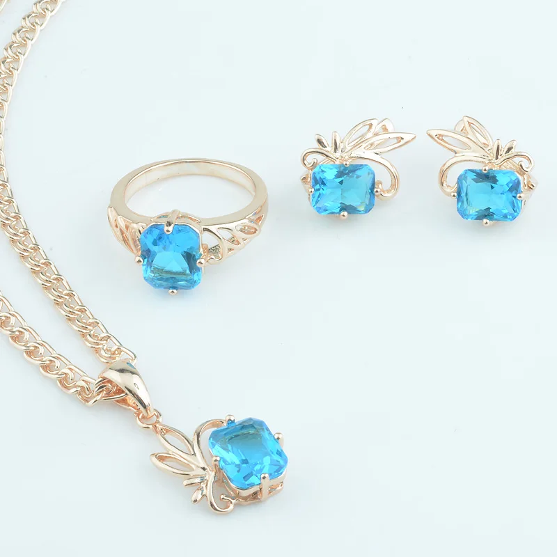 

FJ Women 585 Rose Gold Color Flowers Shaped Pink Cubic Zircon Stone Earrings Pendant Rings Jewelry Sets+Optional Necklace Chain