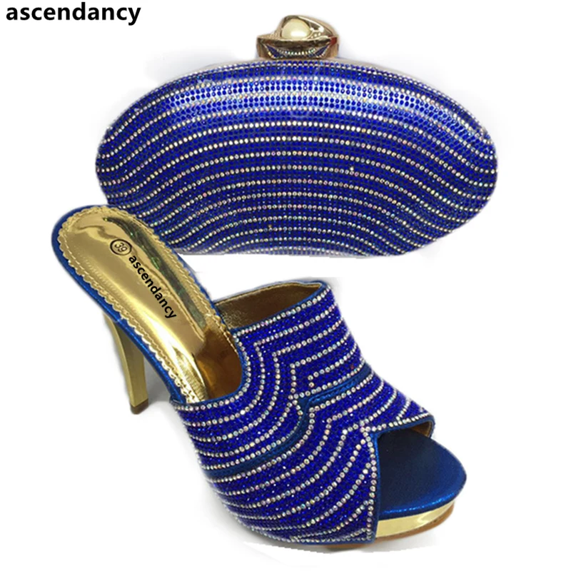 

Latest Blue Color Italian Ladies Shoes and Bags To Match Set Decorated with Rhinestone Matching Shoes and Bag Set Elegant Shoes