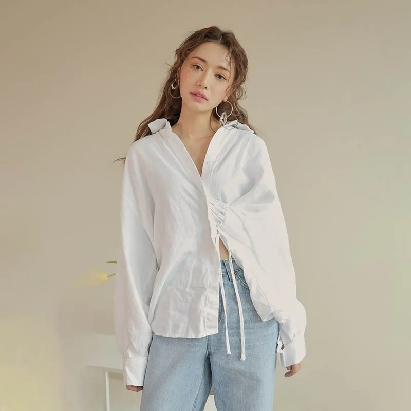 [EWQ] весна лето лацканы с длинным рукавом однобортный асимметричный пэчворк Повседневная рубашка женская мода волна AE98400