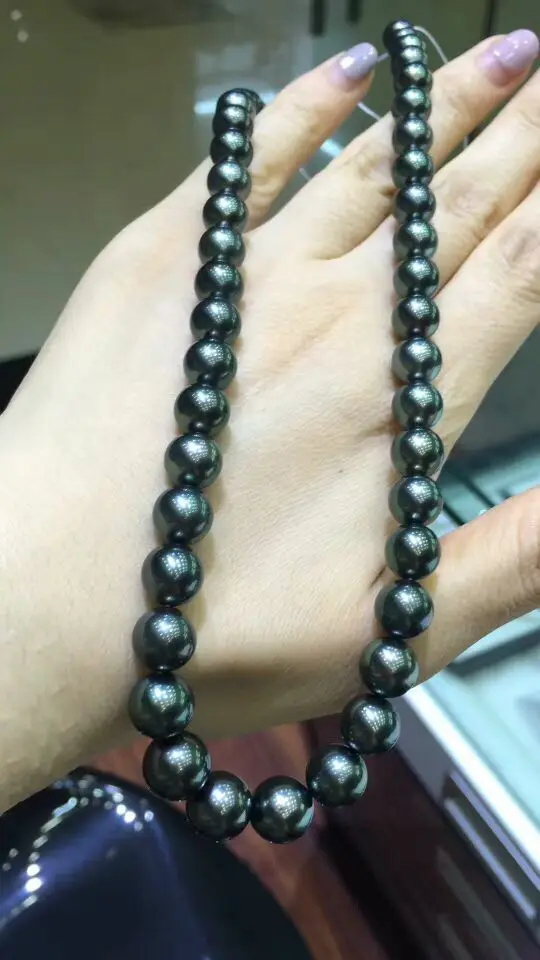 

stunning 11-13mm tahitian black green pearl necklace 18inch 14k