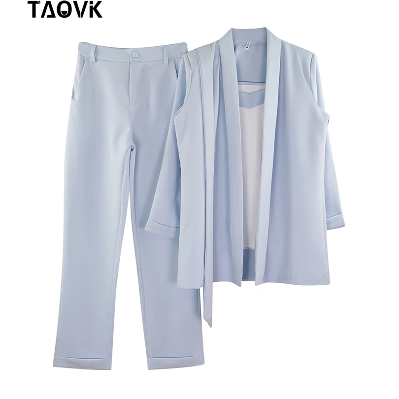 TAOVK для женщин комплект из 3 предметов OL брючный костюм браслет рукавом блейзер с поясом куртка и жилет без рукавов топы корректирующие - Цвет: Light Blue