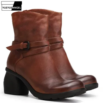 

Handmade Vintage Ankle Boots Woman Shoes Fashion Solid Round Toe Buckle Strap Zip Genuine Leather Ladies High Heel Boots 35-40