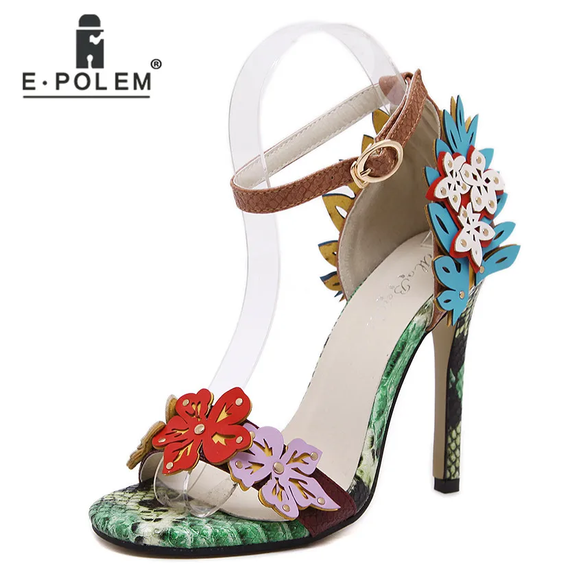 

Summer Big Name Same Paragraph Open Toe Women's Shoes Snake Color Flower High Heels Belt Buckle Fine Heel New Product Sandals