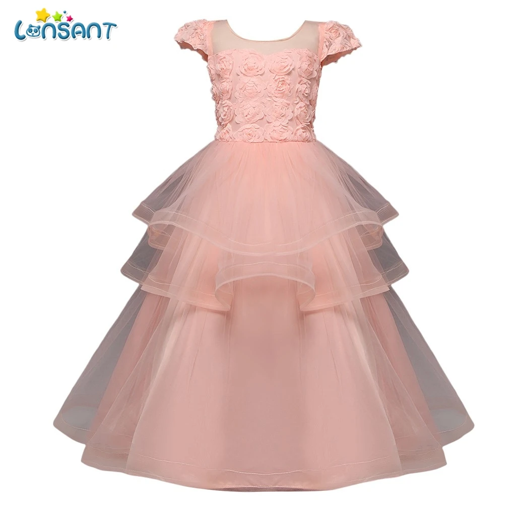 

LONSANT Baby Girl Dress 6-14 Years Solid O Neck Bow Vestidos 3 Colors Wedding Party Children Clothes Birthday Clothing N30