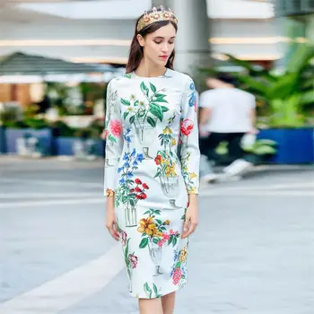 

Women Dress 2018 High Quality Designer Runway O-neck Long Sleeve Printed Casual Dresses NP0027N