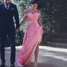 Новое поступление, розовое атласное прямое вечернее платье, длинный лиф сердечком, Кружевная аппликация с открытыми плечами, с коротким шлейфом, вечерние платья