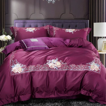 

4pcs Apricot color red flower Embroidery Bedding Sets Queen King size Duvet cover Egyptian cotton Bed sheets set Pillowcase