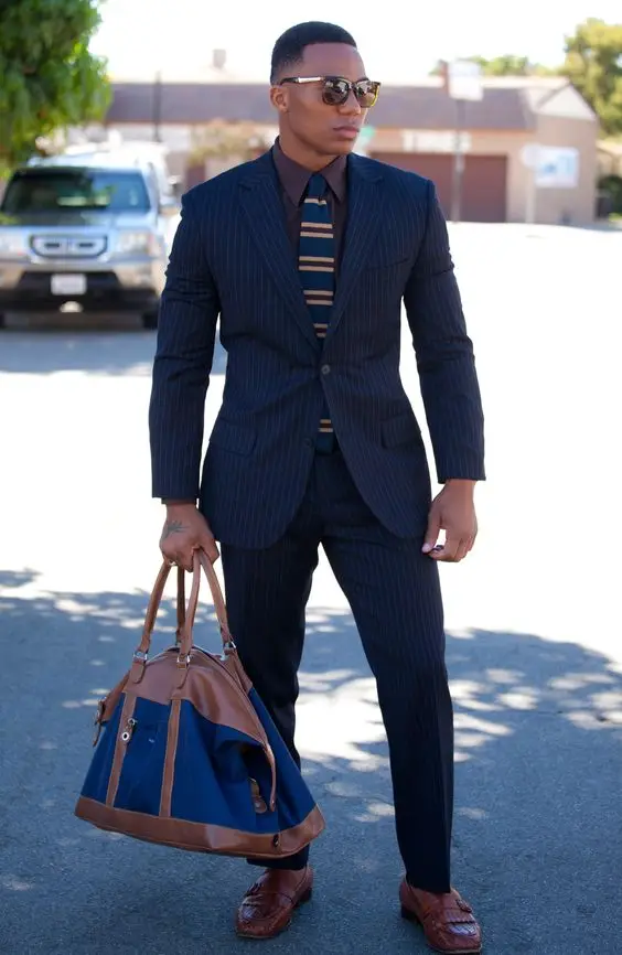 2017Latest Coat Pant Designs Navy Blue Stripes font b Men b font font b Suit b
