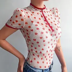 Сетчатый топ кавайная футболка Femme розовая футболка с принтом сердца футболки с круглым вырезом и короткими рукавами прозрачные футболки