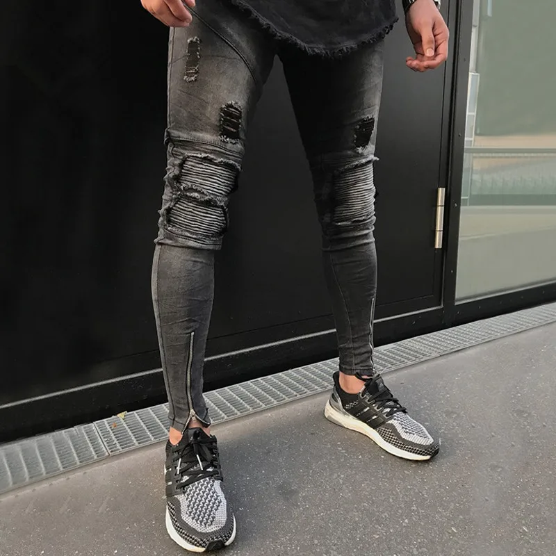 B01855 Dark grey Neverfunction High Street мужские рваные джинсовые штаны с дырками в стиле хип-хоп, стрейч, на молнии, мотоциклетные рваные обтягивающие байкерские джинсы - Цвет: B01855 Dark grey