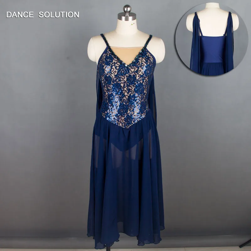 Navy Blue Sequin Lace Bodice Lyrical & Contemporary Dance Dress Chiffon
