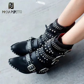 

Prova Perfetto Black Pointed Toe Women Ankle Boots Height Increasing Rivets Studded Riding Boots Straps Platform Wedge Botas