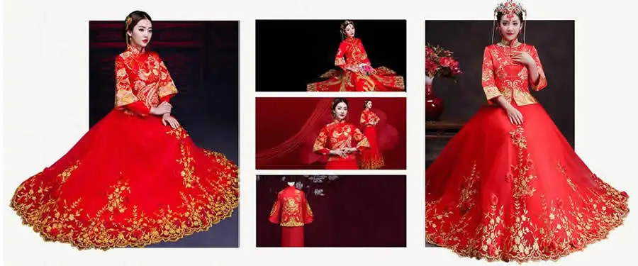 Невесты вышивка Cheongsam китайский свадебное платье 2018 традиционный Восточный вечерние платья с длинным рукавом Qipao для женщин Красный Ци Пао