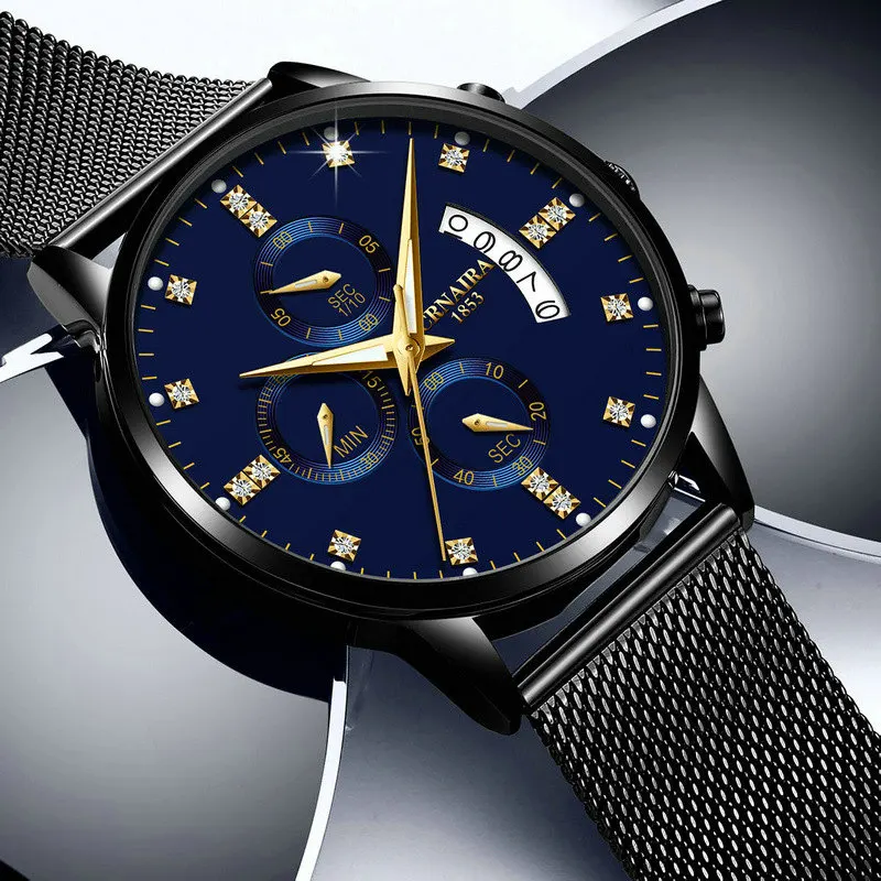 Black Blue Color Большие роскошные часы с бриллиантами мужские повседневные тонкие сетчатые водонепроницаемые бизнес-часы из нержавеющей стали Кварцевые наручные часы masculino - Цвет: Black Blue Color