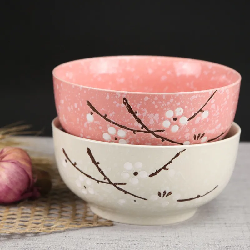 2 piece Japanese Style 7 inch hand painted plum blossom ceramic bowl