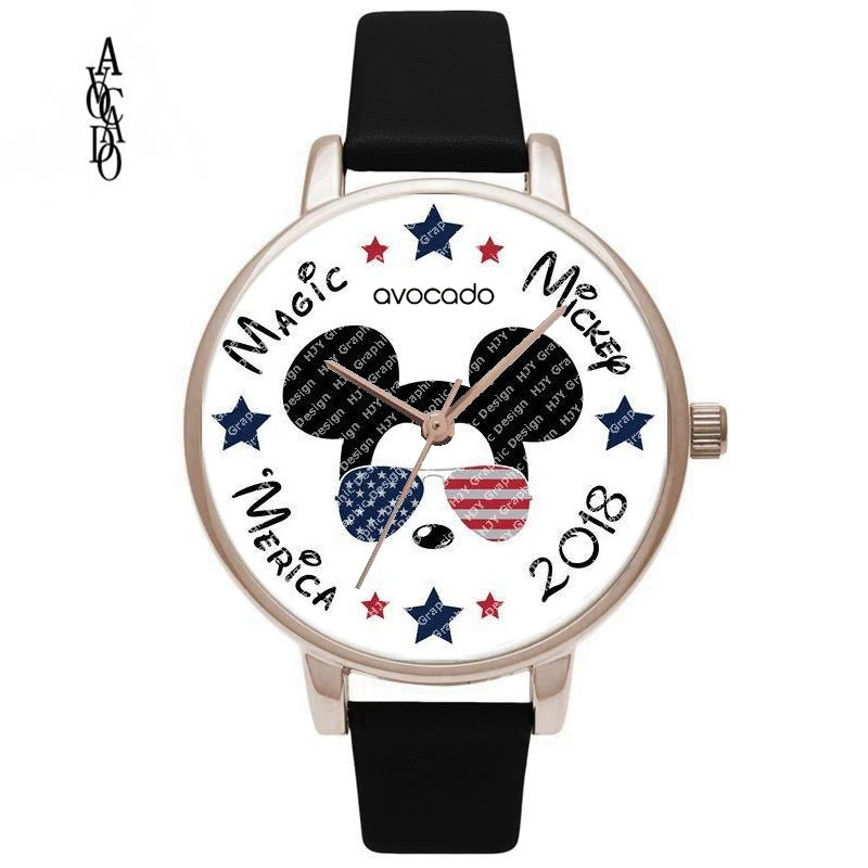 

New Minnie mouse American flag stars and stripes cartoon printed watches kids Wrist for women female ladies girl clock gift