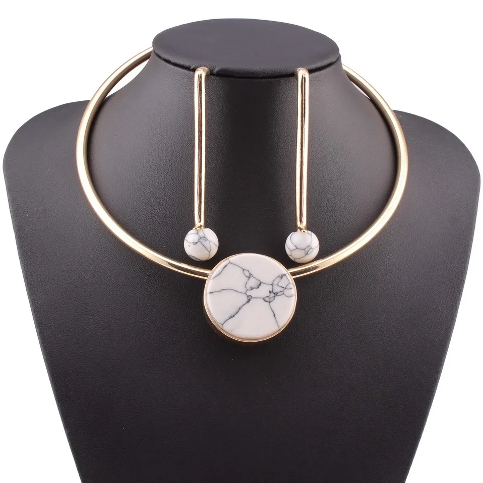 

Copper Alloy Torques White Stone Unique Chokers Big Earrings Vintage Style Necklaces Set Women Fashion Jewelry Sets