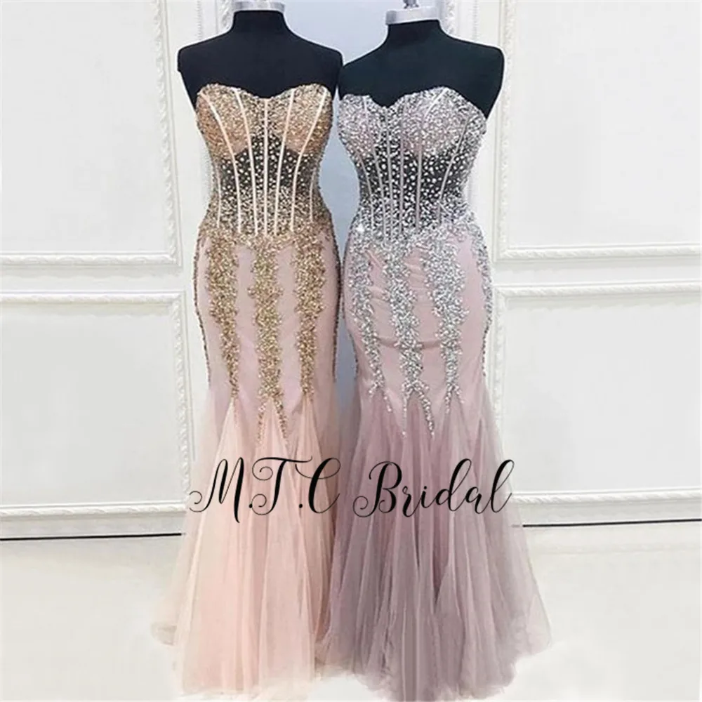 

Gorgeous Mermaid Evening Dresses Glitter Crystals Appliques Corset Floor Length Long Formal Dress 2019 Custom Made Party Gowns