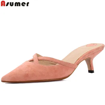 

ASUMER 2020 fashion spring summer shoes woman pointed toe mules shoes elegant prom shoes suede leather slippers big size 33-40