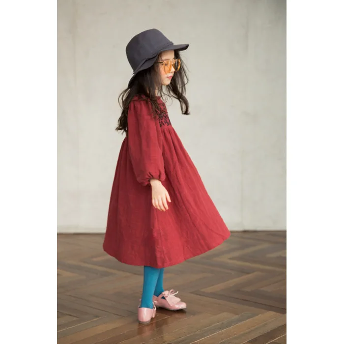 

autumn kids girl cotton linen embroidery dress 2019 korean girls retro loose solid long sleeve dresses children's clothing 4-9T