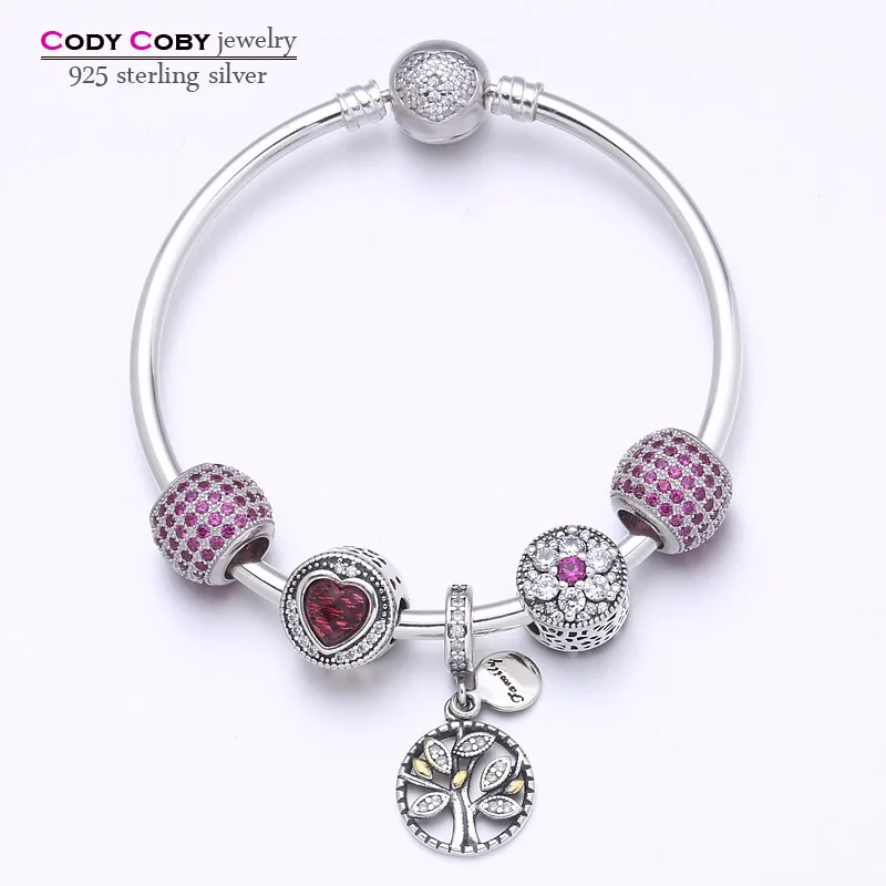 

925 Sterling Silver Love Heart Chain Bangle With Red Ball Beads Family Tree Charm for cody coby charms Women Original Jewelry