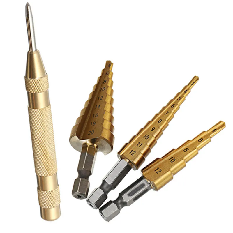 3PCS Hex HSS Step Cone Titanium Drill Bits Hole Cutter with 1PC Automatic Center Punch Set Cone