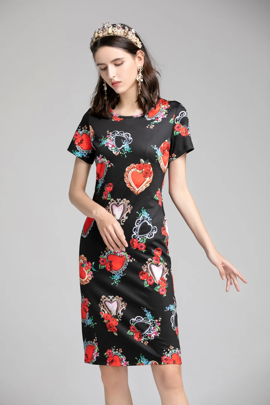 By Megyn 19 Sexy Heart Love Print O Neck One Piece Skirt Short Sleeve Plus Size Designer Pattern Strecth Knee Length Skirt Dresses Aliexpress