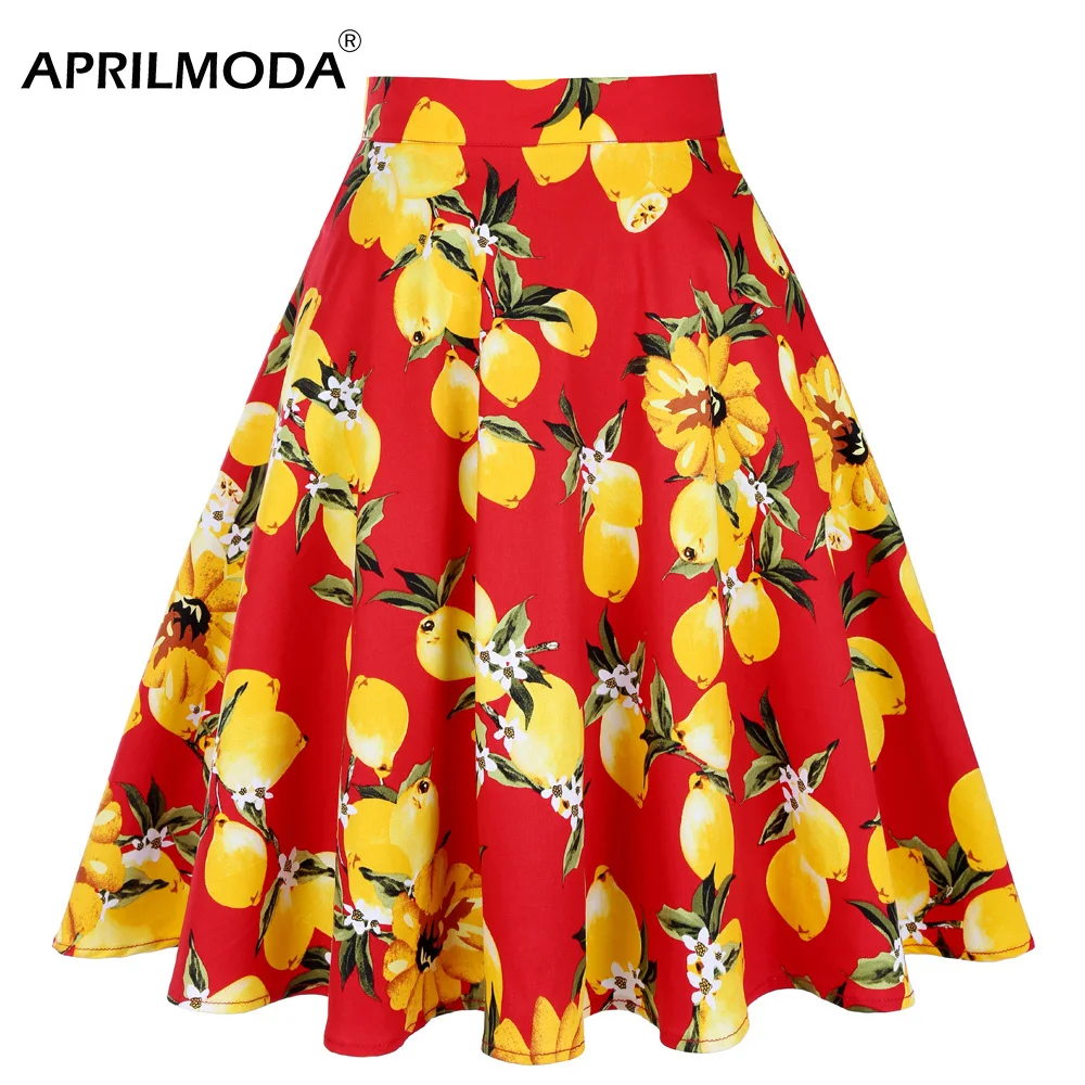 

Lemon Printed 50s Vintage Skirt Summer Pin up Retro Runway Pleated Skirt Knee Length FlaredSwing Skirts Women Faldas Saia Jupe