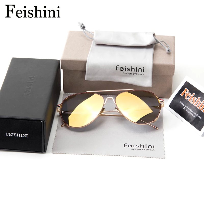 FEISHINI 957 HD антибликовые солнечные очки UV400, женские солнцезащитные очки в металлической оправе, ретро зеркальные очки, солнцезащитные очки пилота, мужские брендовые дизайнерские Золотые очки