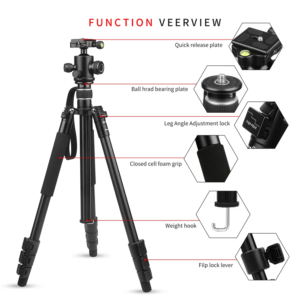  SHOOT Professional Foldable Aluminum Camera Tripod for Canon 1300D Nikon D3400 Sony A6000 DSLR Came