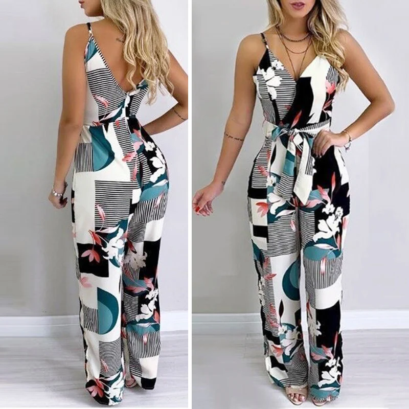 

Ladies Jumpsuit Women's Summer High Waist Playsuit Stylish Holiday Party V Neck Casual Printed Spaghetti Strap