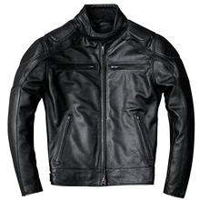 Мужская Байкерская кожаная куртка черного цвета со стоячим воротником размера плюс XXXL из натуральной воловьей кожи облегающая зимняя мотоциклетная куртка