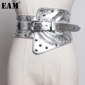 

[EAM] 2020 New Spring Summer Pu Leather Buckle Split Joint Irregular Personality Wide Belt Women Fashion Tide All-match JU462