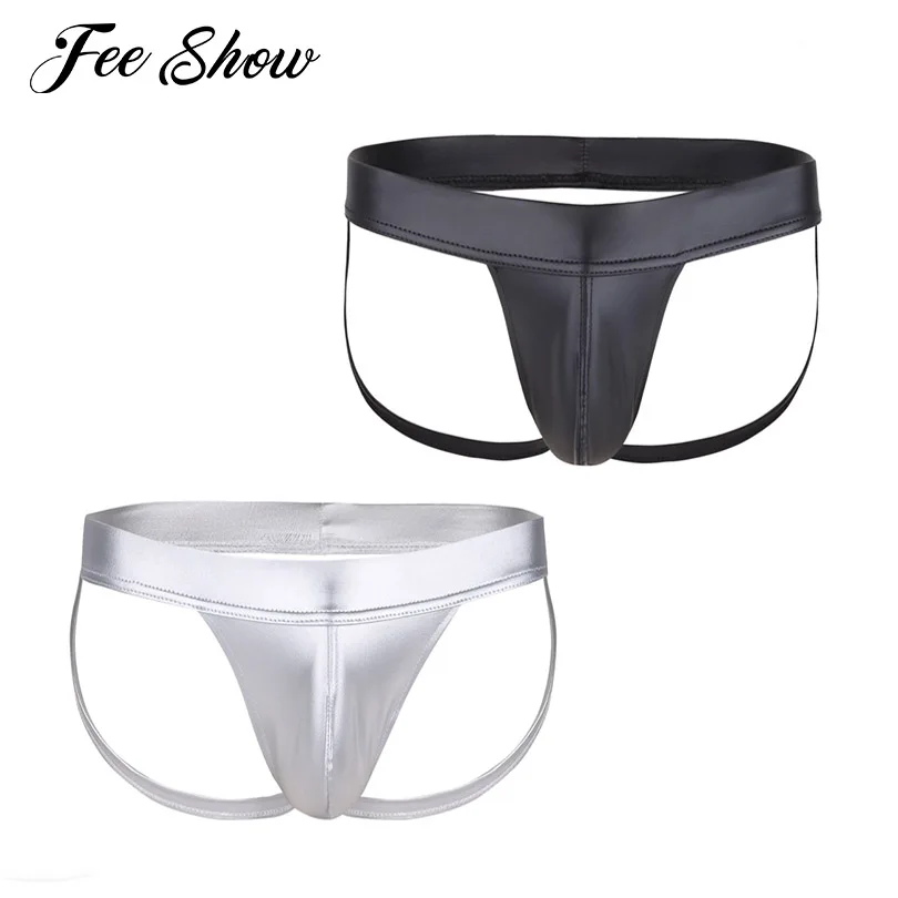 

Sexy Gay Men Lingerie Patent Leather Open Butt Jockstrap Bikini Panties Underwear Underpants with Bulge Pouch for Lingerie Night