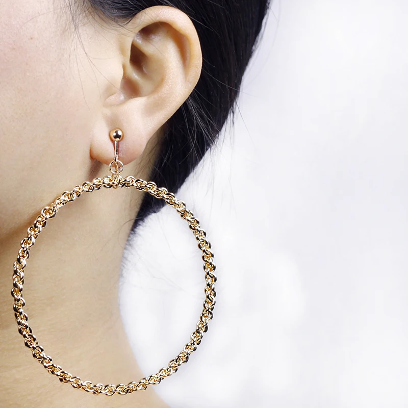 Большие круглые серьги для женщин, металлические геометрические круглые клипсы, серьги без пирсинга, минималистичные не пирсинг серьги CE151