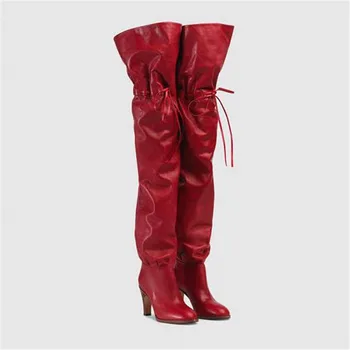 

Newest Elastic Band Tall Boots Red High Heel Winter Boots Over The Knee Casual Shoes