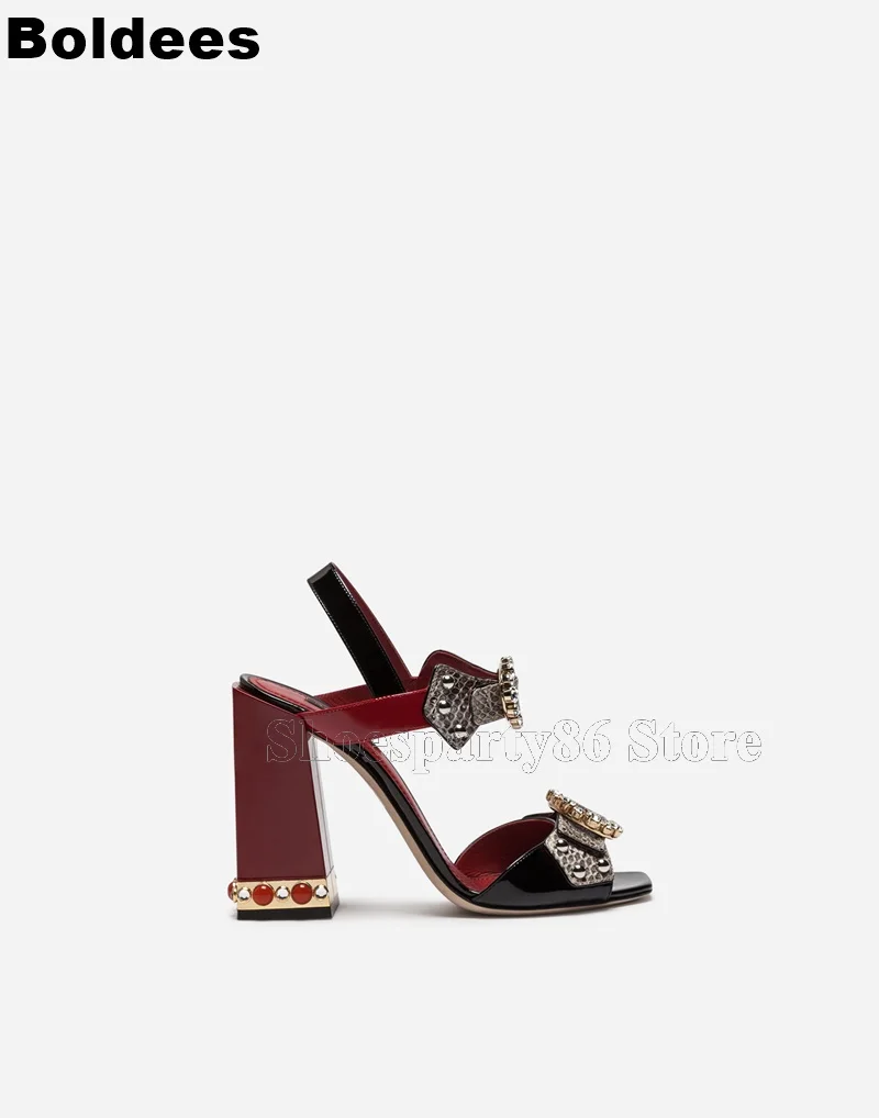 Top Quality Royal Court Designer Vintage Crystal Jewel Designer Belt Buckle Snakeskin Pattern Block High Heel Women Sandals Top Quality Royal Court Designer Vintage Crystal Jewel Designer Belt Buckle Snakeskin Pattern Block High Heel Women Sandals
