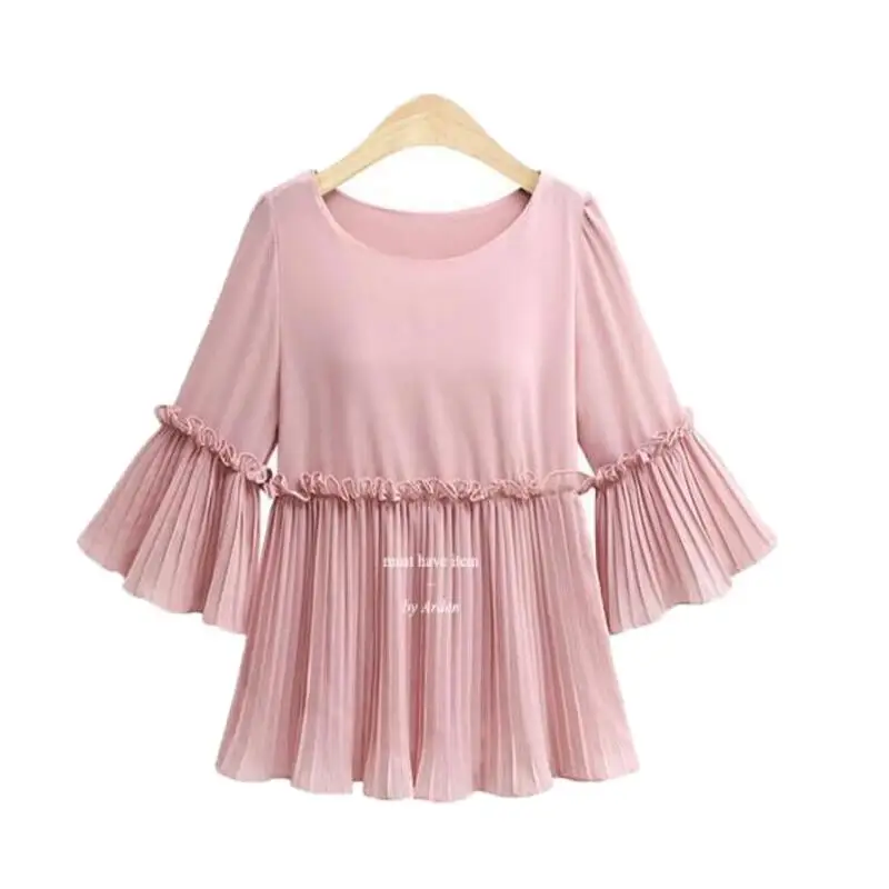 Goede XL 5XL Plus Size Geplooide Shirt Vrouwen Blouses 2018 Lente Flare Mouw O hals Patchwork Vrouwen Blouse Dames Casual Wit Shirts