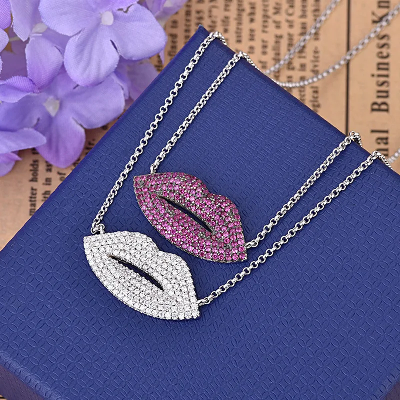 

2019 New Necklaces Red lips Zircon Unique fashion adjustable chain Necklace Silver Color Mouth Necklace ZK40
