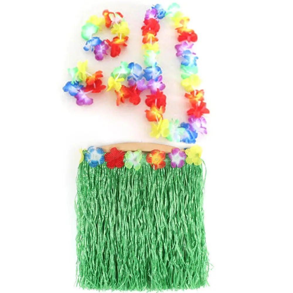 Colorful Hawaiian Adult Set Luau Garland Headband Wristband Hula Skirt