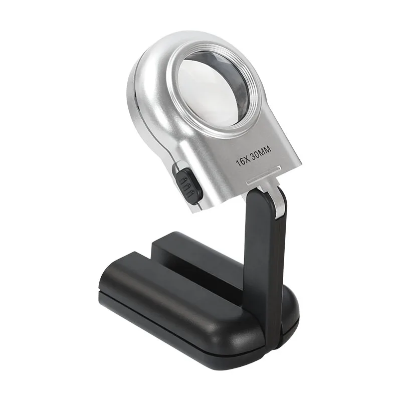 

Compact 16X Magnifier 2 LED Illumination Folding Handheld / Standing Style Magnifying Glass High Power Loupe Older Reading Aid
