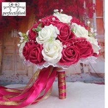 Perfectlifeoh бордовый/Красное вино ручной работы Цветы Декоративные розовые цветы жемчуг невесты свадебные кружевные акценты Свадебный букет невесты