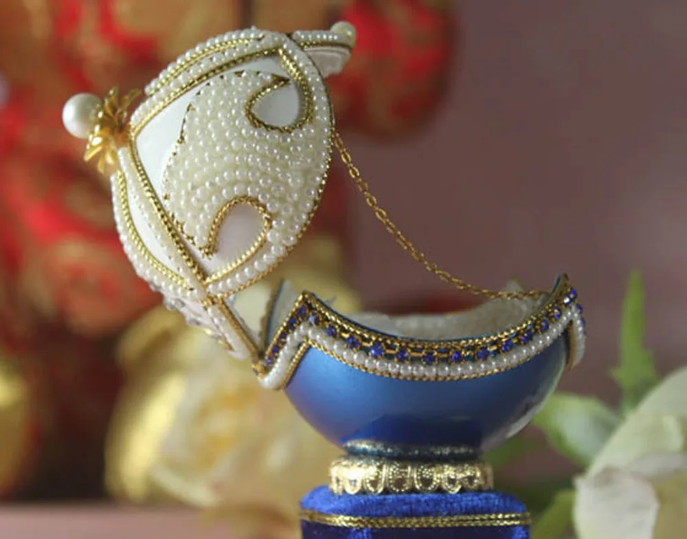 Музыкальная шкатулка из голубой яичной скорлупы в Королевском Стиле с белым жемчугом и цветком из синего шелка, музыкальная шкатулка для ювелирных изделий ручной работы, украшение для дома