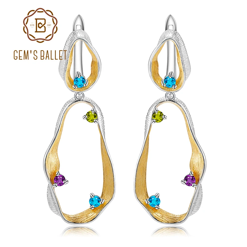 

GEM'S BALLET Natural Topaz Peridot Amethyst Statement Earrings 925 Sterling Silver Handmade Twist Drop Earrings for Women