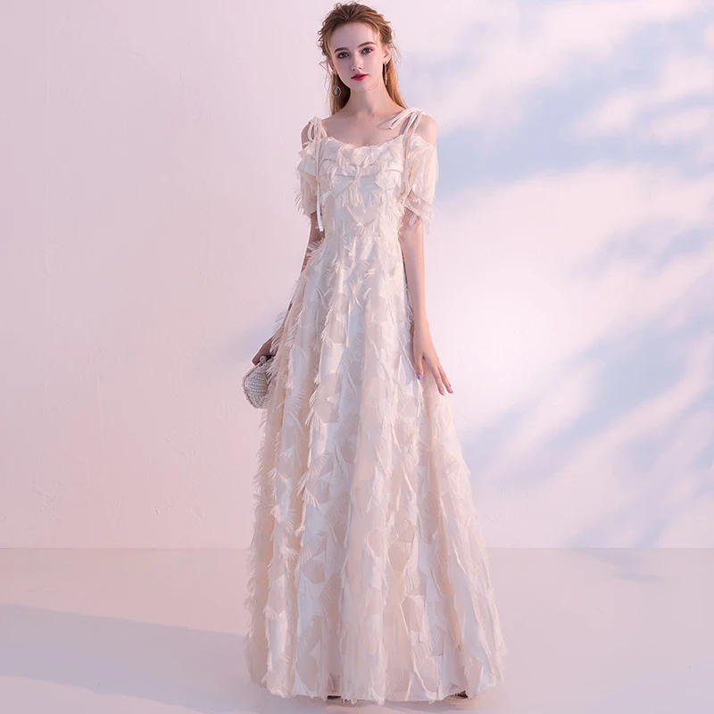 

2019 New Arrival Champagne Evening Dresses Long Formal Party Dress Prom Gown Lace Dresses vestidos de festa LYFY19