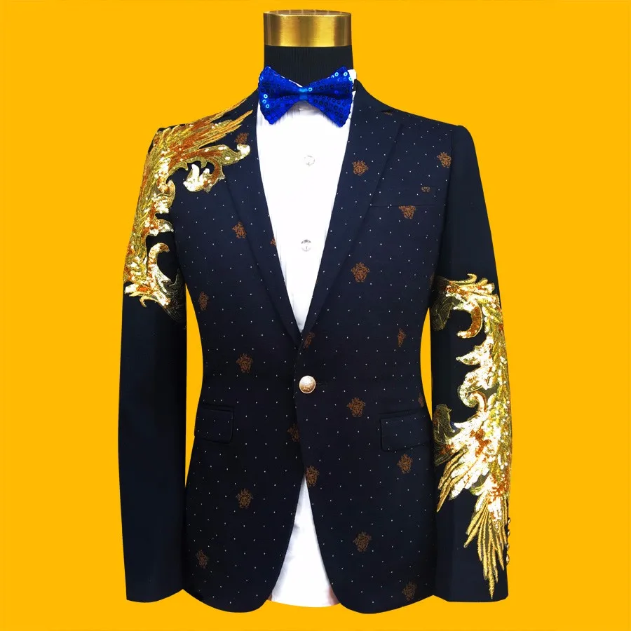 Новый тонкий мужской костюм Блейзер Синий/черный вышивка с золотыми блестками модный мужской костюм сценическая одежда звезда концертная