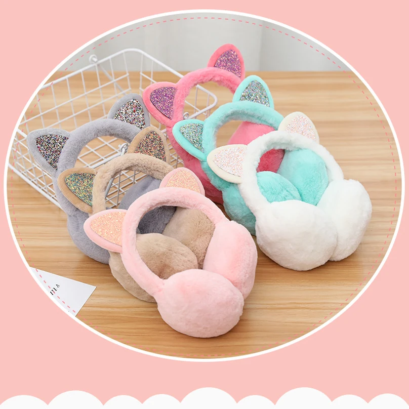 Winter New Ladies Girls Winter Plush Ear Pad Glitter Cat Earmuffs Headband Warmer Outdoor Cute Earmuff