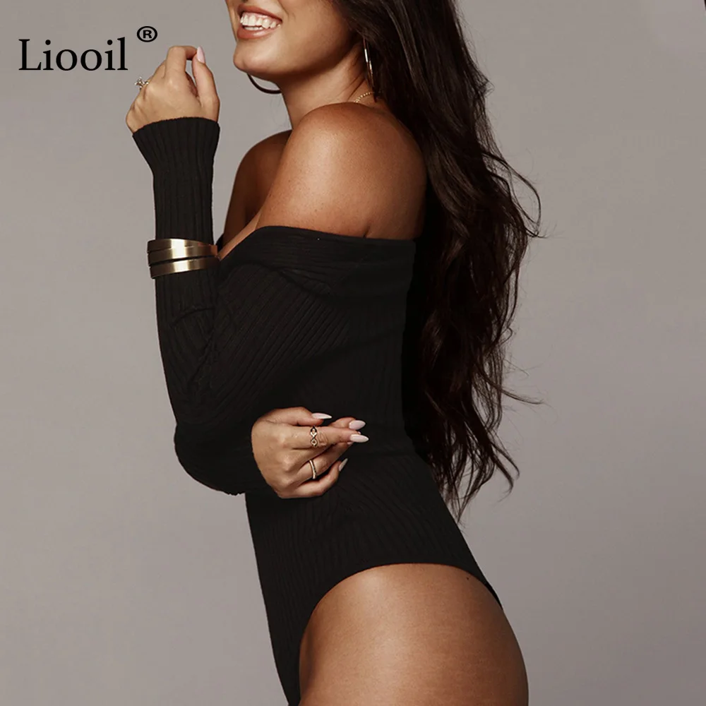 Liooil Сексуальная Bodycon вязаные комбинезоны черный, белый цвет Комбинезоны для Для женщин 2019 Весна длинным рукавом с v-образным вырезом