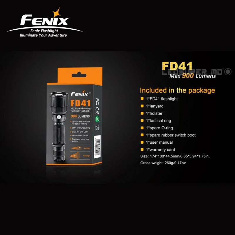  360 Degrees Rotary Focusing Fenix FD41 900 Lumens XP-L HI LED Tactical Flashlight with Floodlight a - 32975157975