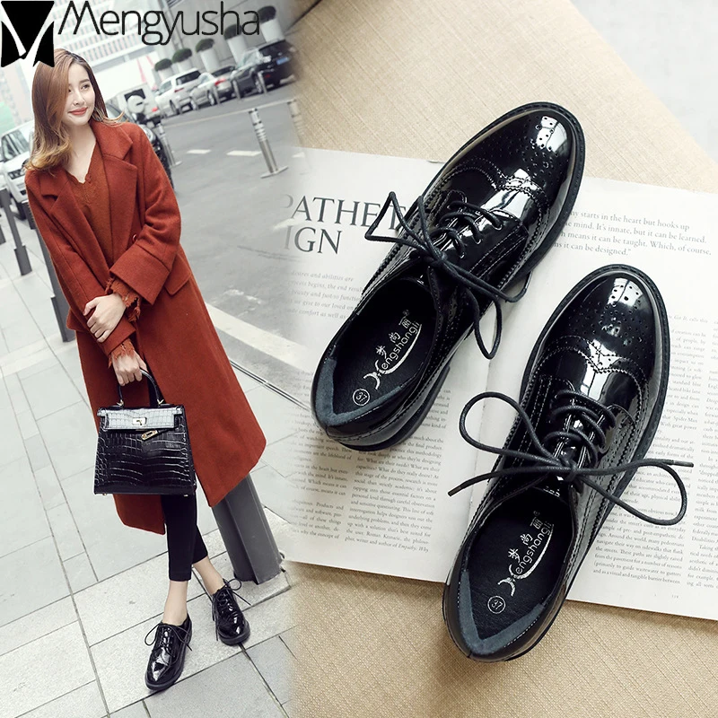 Brogue shoes woman black cross-tied carved&glossy cow leather flats british college zapatos de mujer femme comfy round toe flats